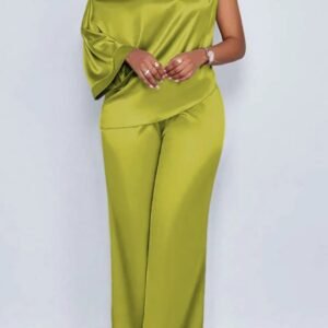 Spot 2026 European And American Cross-border Summer Casual Women's Satin Suit Slanted Collar Short-sleeved Top Trousers Set