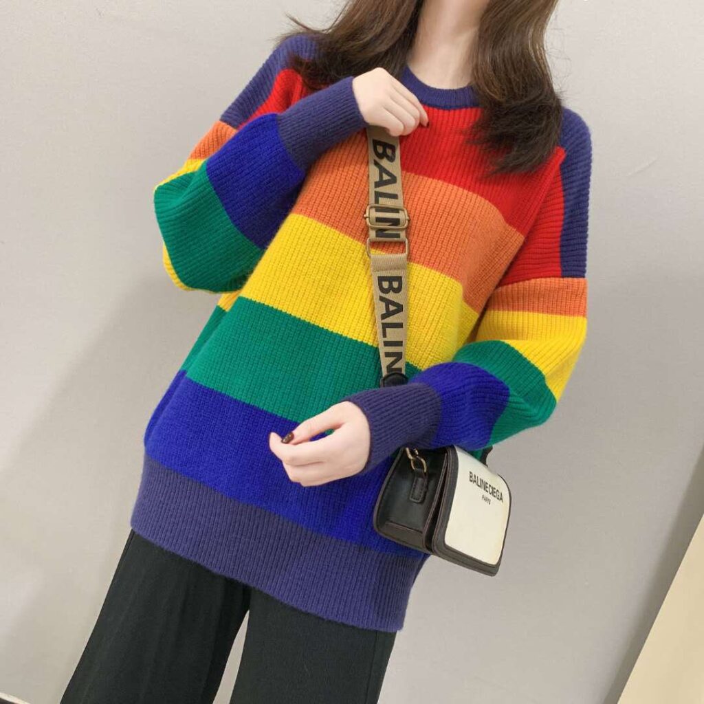 Rainbow Sweater Women's Loose-Fit Outerwear Korean Style