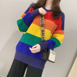 Rainbow Sweater Women’s Loose-Fit Outerwear Korean Style