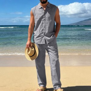 Mens Loose Linen Casual Sleeveless Shirt And Straight-Leg Pants Set