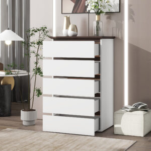 5 Drawer Dresser For Bedroom, Modern Closet Dressers Chest Of Drawers, White & Walnut Color Storage Dresser Chest Cabinet Organizer Unit