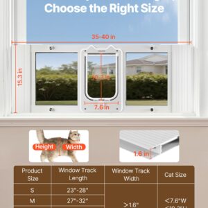 Cat Door For Window, Adjustable To Fit Window Width 35″-40″, 4 Secure Lock Modes, Aluminum Frame And High-Transparency Glass, Magnetic Closure, Weatherproof Quick-Fit Pet Door For Cats, White