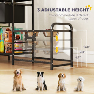 3 Height Adjustable Dog Bowl Stand with 2 Feeding Stations, Toy Bin Basket, Black