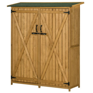 Outdoor Storage Cabinet Wooden Garden Shed Utility Tool Organizer With Waterproof Asphalt Rood, Lockable Doors, 3 Tier Shelves For Lawn, Backyard, Natural