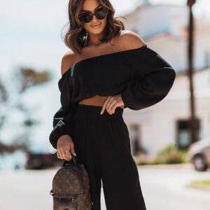 Short-sleeve Off-shoulder Top And Straight-leg Trousers Set