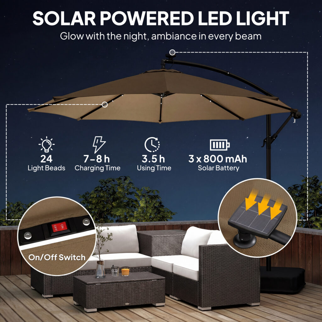 10 ft Cantilever Patio Umbrella with Light, Weight, Offset Hanging Outdoor Umbrella with Protective Cover, Tan