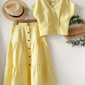 Gentle Style V-neck Button-down Sleeveless Top And High-waisted Skirt Set For Women