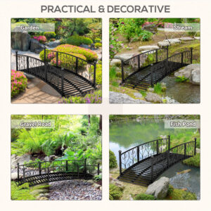 7' Metal Arch Garden Bridge Arc Footbridge with Side Railings Decorative Scrollwork, Black