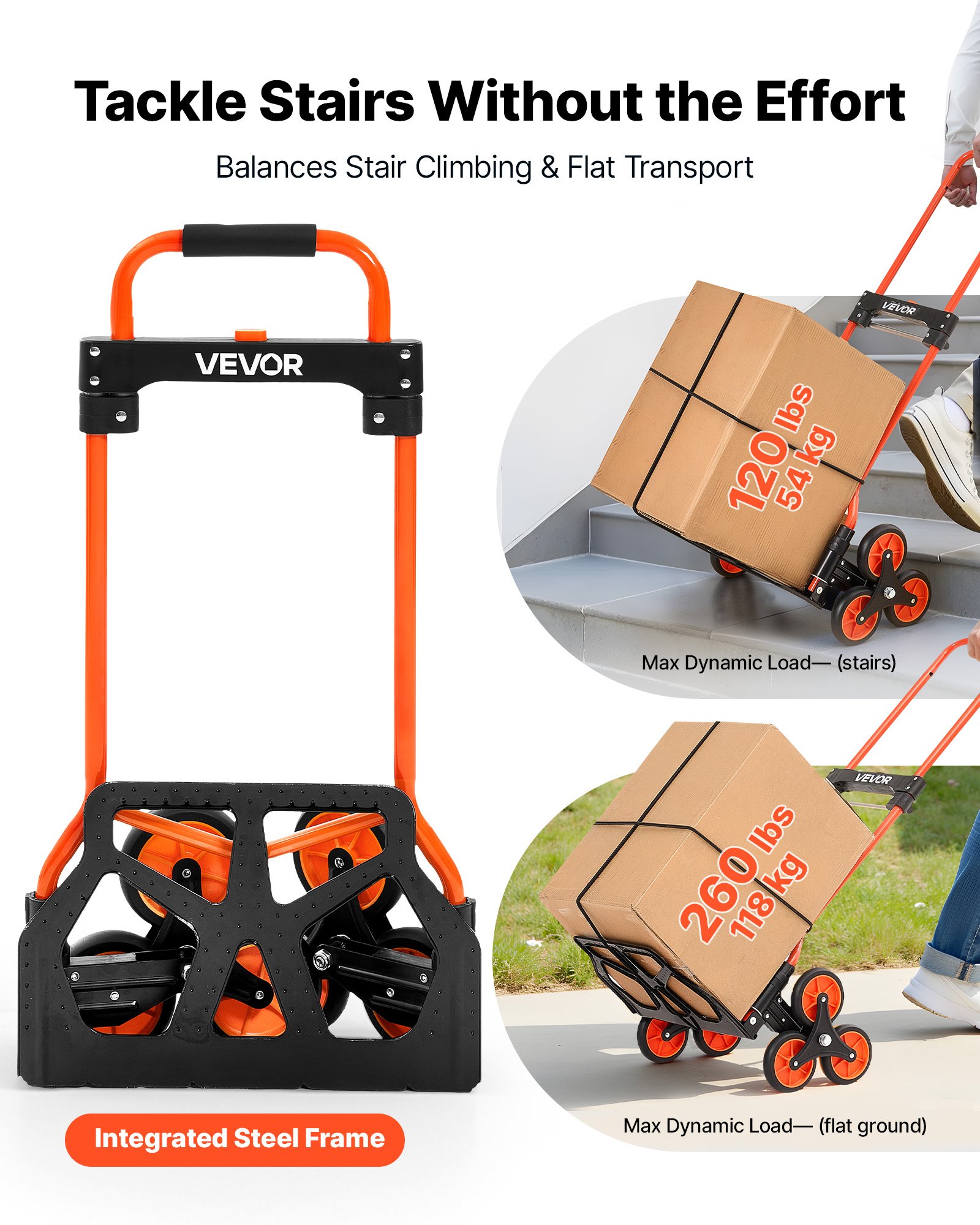 Stair Climbing Cart, 120 Lbs Stair-Climbing Capacity, Portable Folding Trolley Cart With Telescoping Handle, 6 Wheels And 2 Bungee Cords, Stair Climber Dolly For Home, Groceries, Warehouse