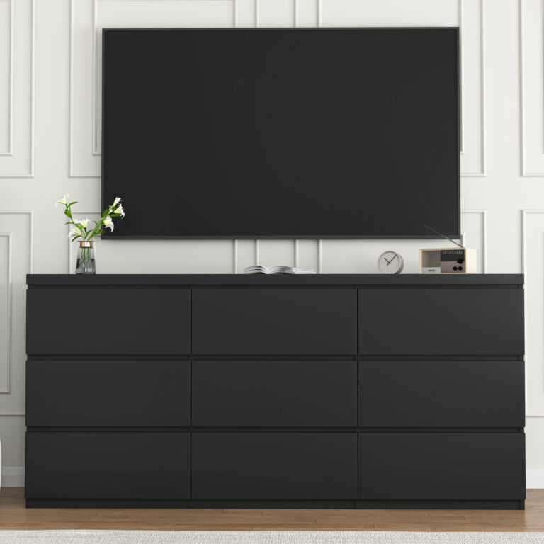 9 Drawer Dresser With No Handle Design, Modern Black Matte Wood Dresser For Bedroom, Storage Chest Of Drawers For Living Room, Hallway, Entryway