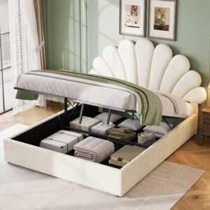 4ft6 Double Upholstered Hydraulic Bed With Adjustable Chic Petal Headboard, Soft Velvet Bed Frame With Hydraulic Storage, Petal Bed With Solid Wood Slat, No Box Spring Needed, Beige No Mattress