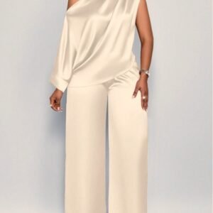 Spot 2026 European And American Cross-border Summer Casual Women's Satin Suit Slanted Collar Short-sleeved Top Trousers Set