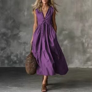 Solid-color Sleeveless V-neck Dress