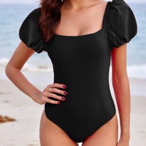 Saodimallsu Womens One Piece Swimsuit Short Puff Sleeve Square Neck Sexy Backless Tummy Control Bathing Suit