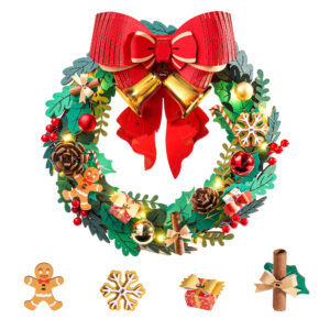 Rolife 3D Wooden Puzzle – Christmas Wreath, Classic Christmas Colors, LED Lights And Red Bow,252-Piece DIY Christmas Decoration, DIY Craft, Suitable For Doors And Walls