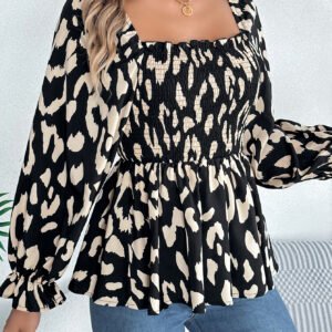 Women's Casual Ruffle Trim Square Neck Leopard Print Long Sleeve Chiffon Top