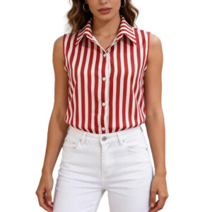 Retro Striped Vest Polo-neck Sleeveless Top