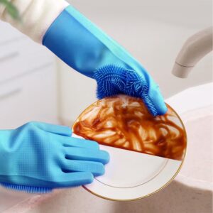 1 Pair Silicone Brush Dishwashing Gloves Cleaning Sponge Pet Scrubber Heat Resistant Wash Gloves