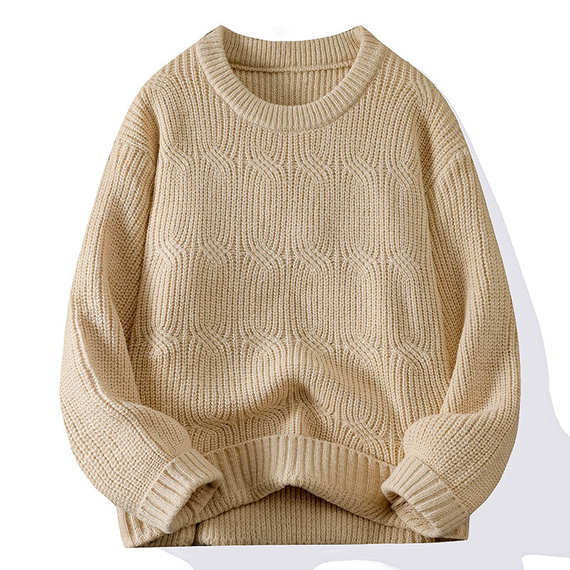 Men’s Solid-Colored Knitted Long-Sleeve Retro Crew-Neck Sweater