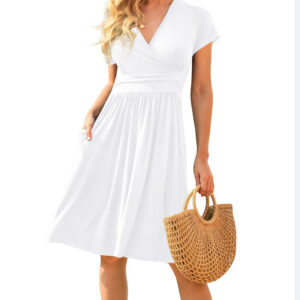 Womens Short-Sleeve Printed Pocket Mid-Length Cinched Dress