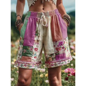 Retro Floral Print Casual Womens Shorts