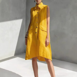 Women’s Lapel-collar Sleeveless Casual Loose Cotton-linen Dress