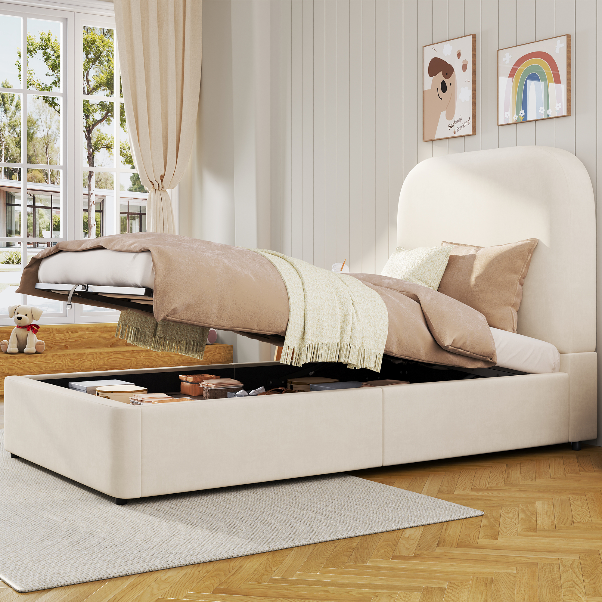 Upholstered Bed, Single Bed, Children’s Bed, 3ft-90 X 190cm, Hydraulic Bed, Bed With Headboard And Large Storage Space, Upholstered Headboard, Velvet, Beige