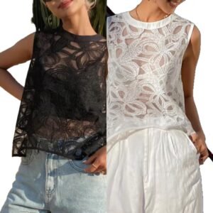French Lace Vest Round Neck Womens Top