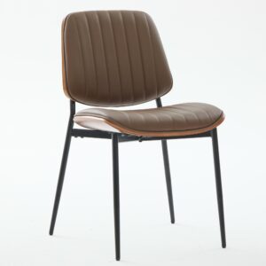 Dining Chairs Set Of 2 Mid Century Modern Retro Faux Leather Chair With Walnut Bentwood Back Upholstered Seat Metal Legs Adjustable Foot For Kitchen Dining Room Chairs Brown PU,SW1849BR