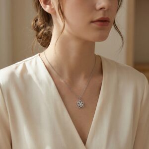 925 Sterling Silver Elegant Silver Cherry Blossom Flower Pendant Necklace with Center Pearl