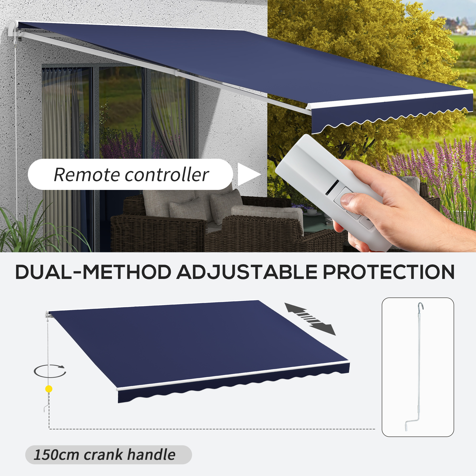 16’x10′ Electric Retractable Awning Sunshade Shelter with Remote Controller & Crank Handle for Deck Balcony Yard, Blue
