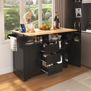 K&K 55.7 Large Kitchen Island With 2 Drop Leaf,, Rolling Kitchen Cart On 5 Wheels With Power Outlet, Folding Storage Dining Table With Spice & Towel Rack , 3 Drawers, For Kitchen, Dining Room,Black