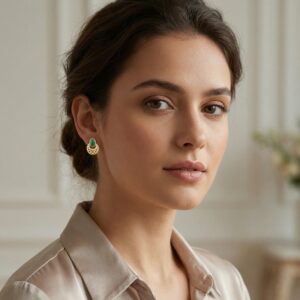 925 Sterling Silver Elegant Oval Green Gemstone Lattice Stud Earrings with Shimmering Accents