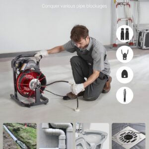 Drain Cleaner Machine 50 FT X 5/16 Inch, Auto Feed Sewer Snake Auger With 4 Cutters & Air-Activated Foot Switch For 2" To 4" Pipes