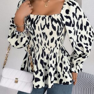 Women's Casual Ruffle Trim Square Neck Leopard Print Long Sleeve Chiffon Top