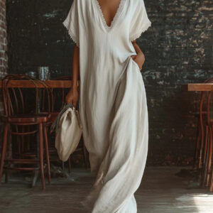 European And American Style Casual Elegant Comfortable Lace-trimmed Loose Linen Cotton Long Dress
