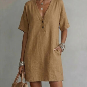 Casual Comfortable Cotton-Linen Pocket Dress With Buttons