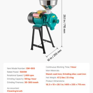 Electric Grain Mill Grinder, 110 Lbs/H Commercial Spice Grinders, 1500W Cast Iron Pulverizer Powder Machine With Non-Slip Rubber Feet, For Dry Grains, Spices, Cereals, Coffee, Corn & Pepper