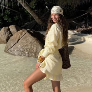 Cotton-Linen Solid-Color Lace-Up Lapel Shirt Holiday Dress