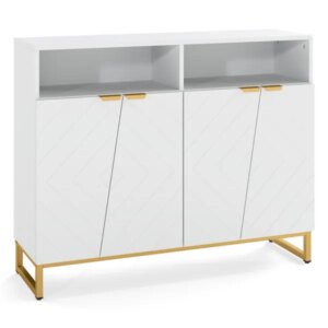 White Modern Sideboard With Irregular Doors & Golden Handles, 2 Open Shelves & Double 2-Door Cabinets