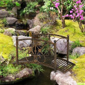 3.3' Metal Garden Bridge, Decorative Classic Footbridge Pond Bridge with Safety Railings for Backyard Garden Creek, Rust Brown