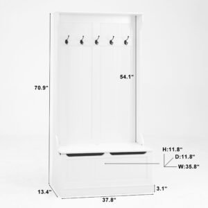 Entryway Bench With Standing Coat Rack, Hall Tree With Shoe Storage Bench, Entryway Organizer With 5 Hooks, White