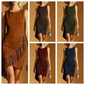 Western Wind Womens Summer Elegant Silk-Satin Texture Tasseled Hem Sleeveless Tank Dress