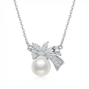 925 Sterling Silver Elegant Pearl Pendant Necklace with Sparkling Diamond Bow Design
