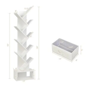 White Tree-Shaped Bookshelf, 10 Open Shelves & Foldable Fabric Drawer, Space-Saving Corner Design