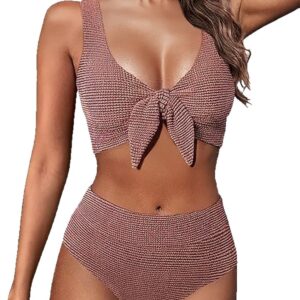 V-neck Lace-up Gold-thread Jacquard Split Swimsuit