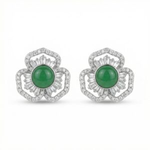 925 Sterling Silver Elegant Green Gemstone Flower Stud Earrings with Shimmering Baguette and Round Accents