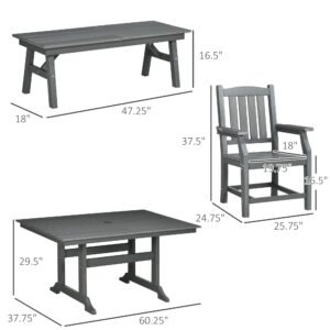 6 Pieces Patio Dining Set, 6 Seater Outdoor Table and Chairs, Conversation Furniture, Armrests, Loveseat Bench, Dinner Table with Umbrella Hole, Cushions, Dark Gray