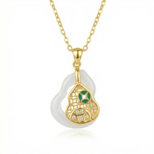 925 Sterling Silver Elegant Hulu Pendant Necklace Featuring White Jade and Intricate Filigree Artistry