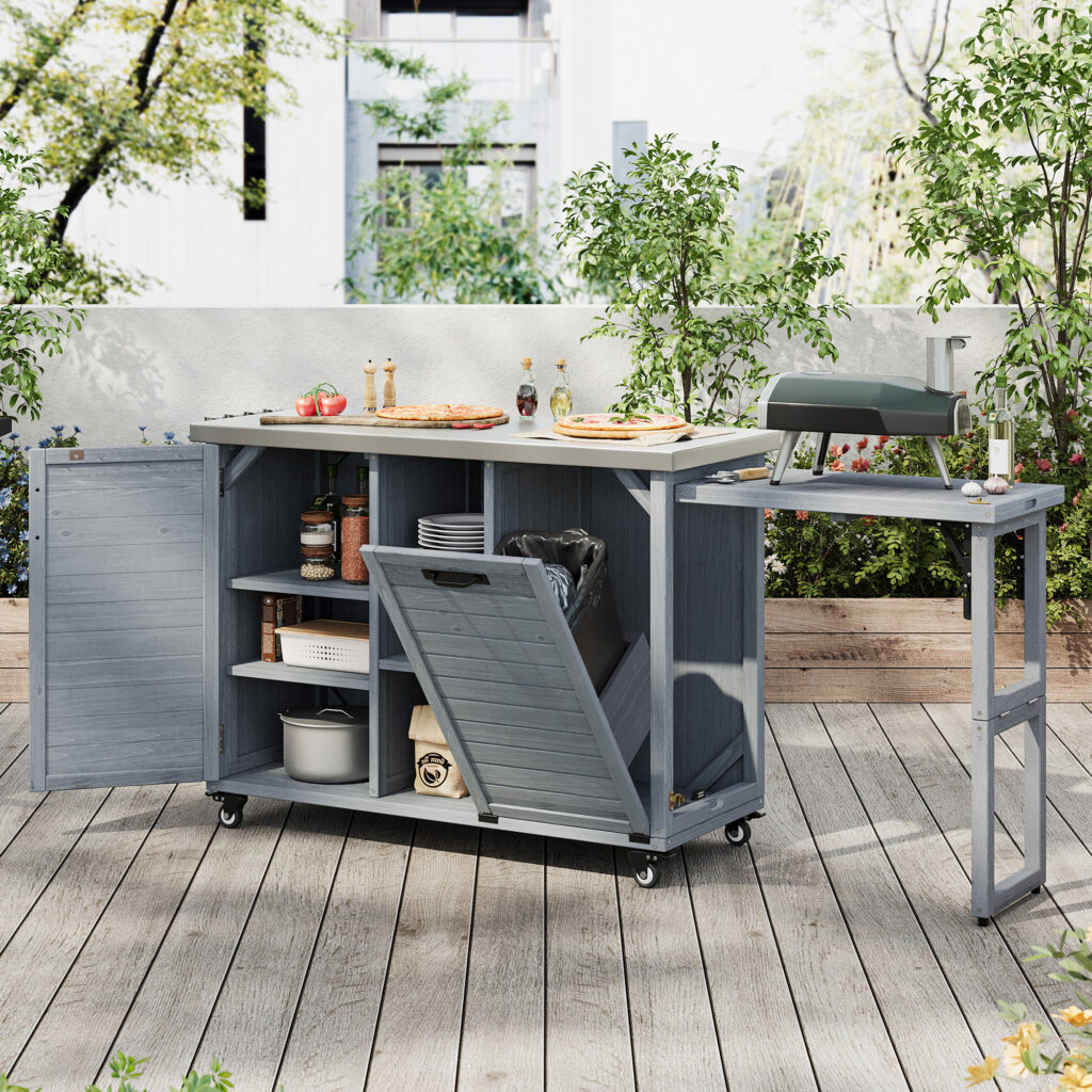 K&K 78.3 Outdoor Kitchen Island With Foldable Grill Table, Wooden Outdoor Grill Cart With Trash Can Storage & Stainless Steel Top, Outdoor Bar Cart, Pizza Oven Table For Lawn & Garden, Grey Blue